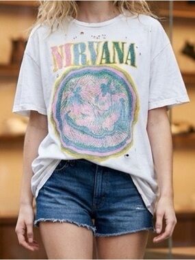 NIRVANA White Tee with Pastel Multicolor Smiley Graphic